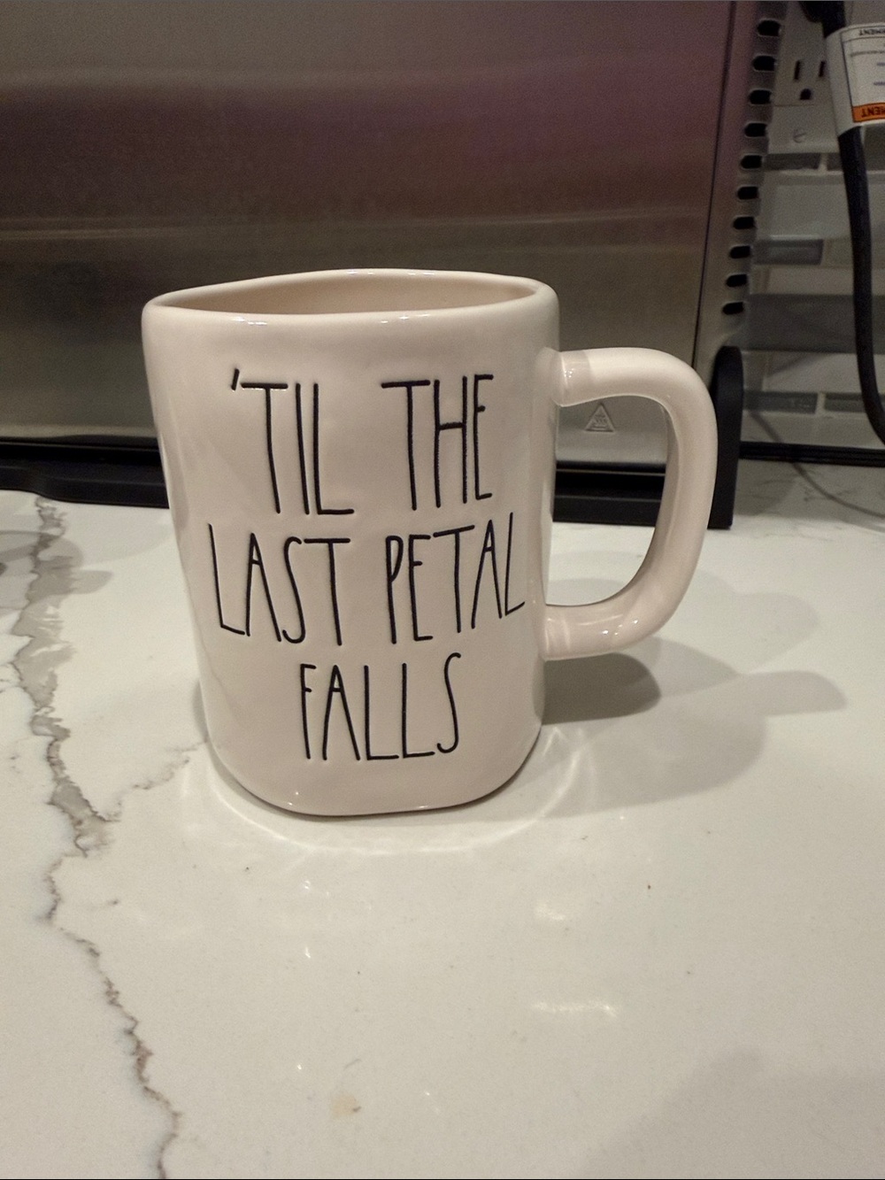 Rae Dunn Cream 'Til The Last Petal Falls Mug with Black Lettering